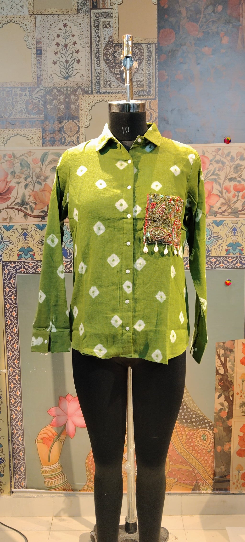 Green Bandhani Shirt with Embellished Boho Pocket