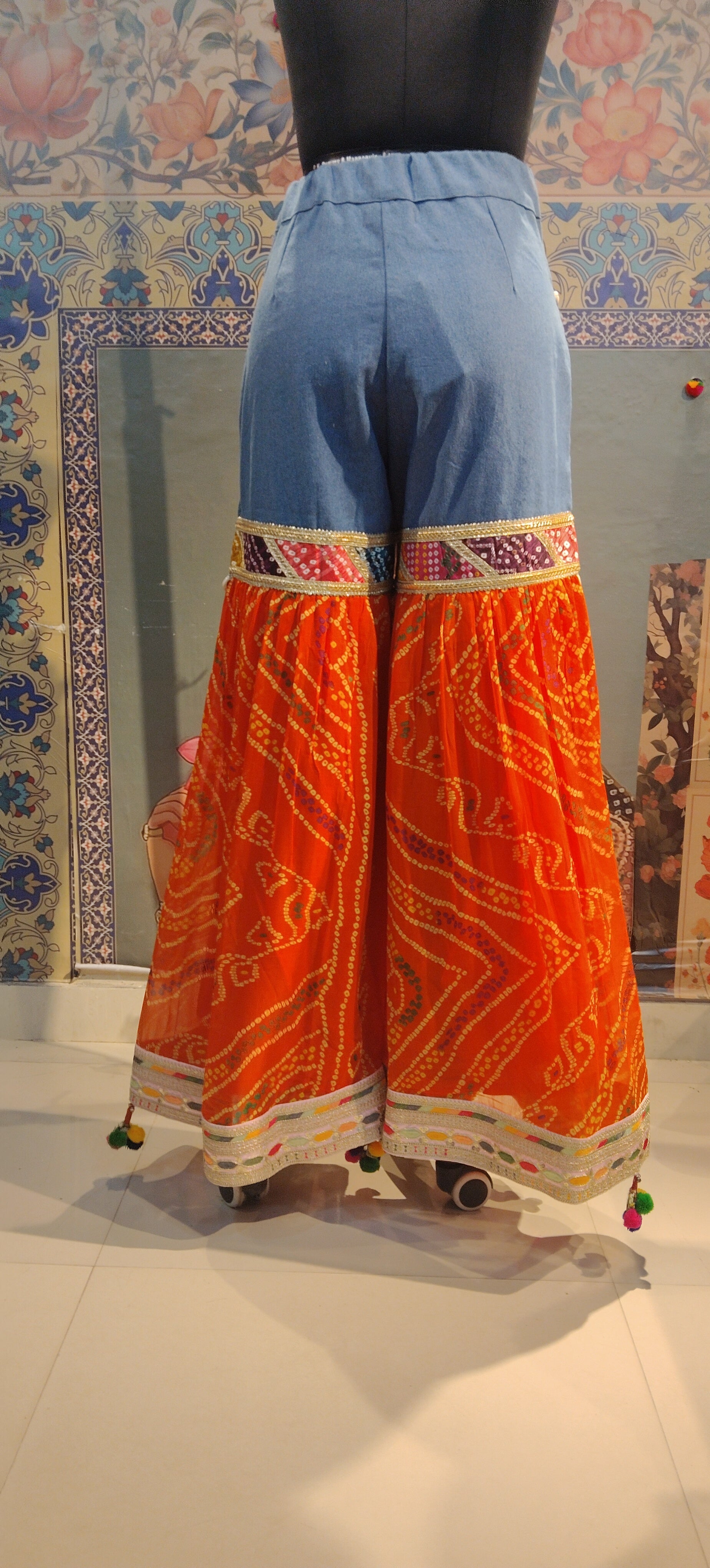 Bandhani Fusion Palazzo Pants with Mirror Work & Pompom Hand Embroidery