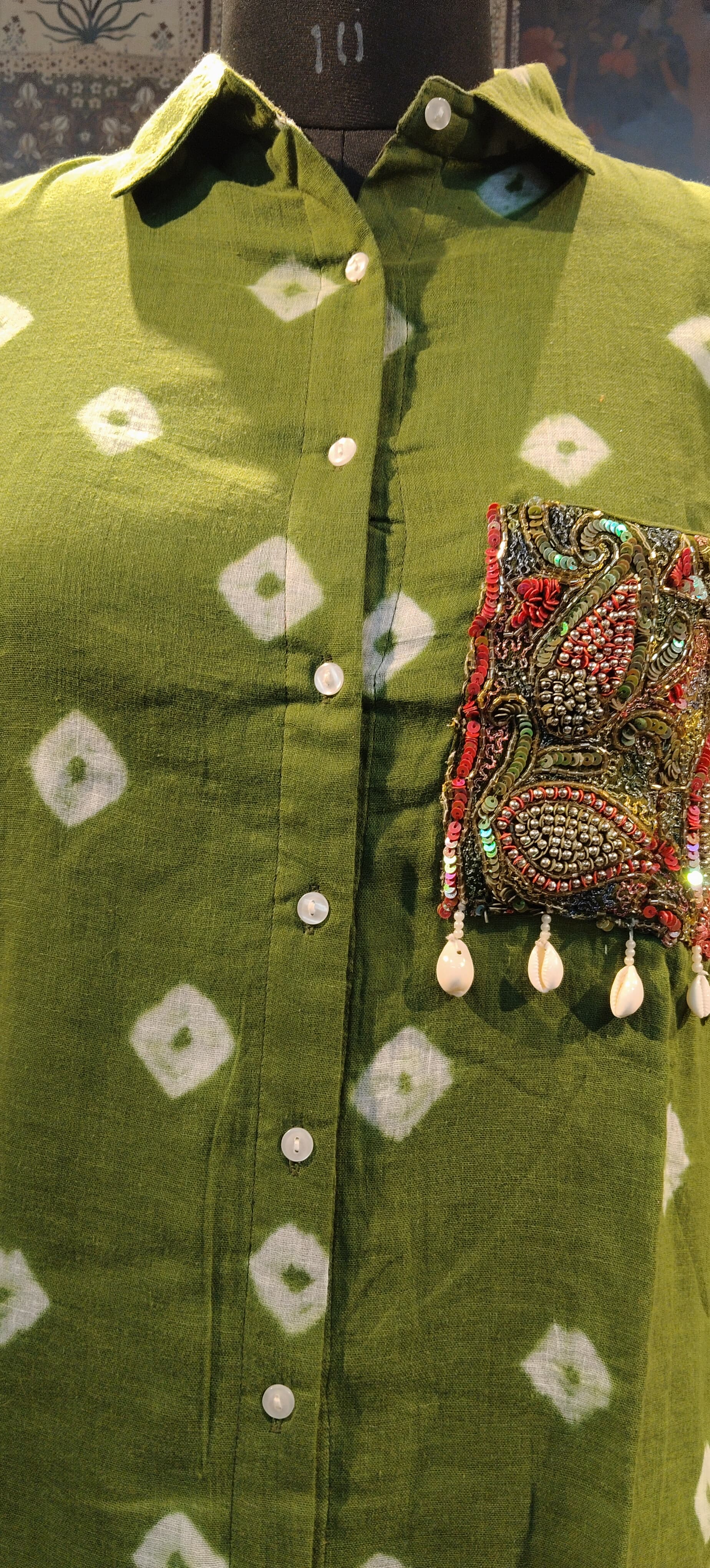 Green Bandhani Shirt with Embellished Boho Pocket