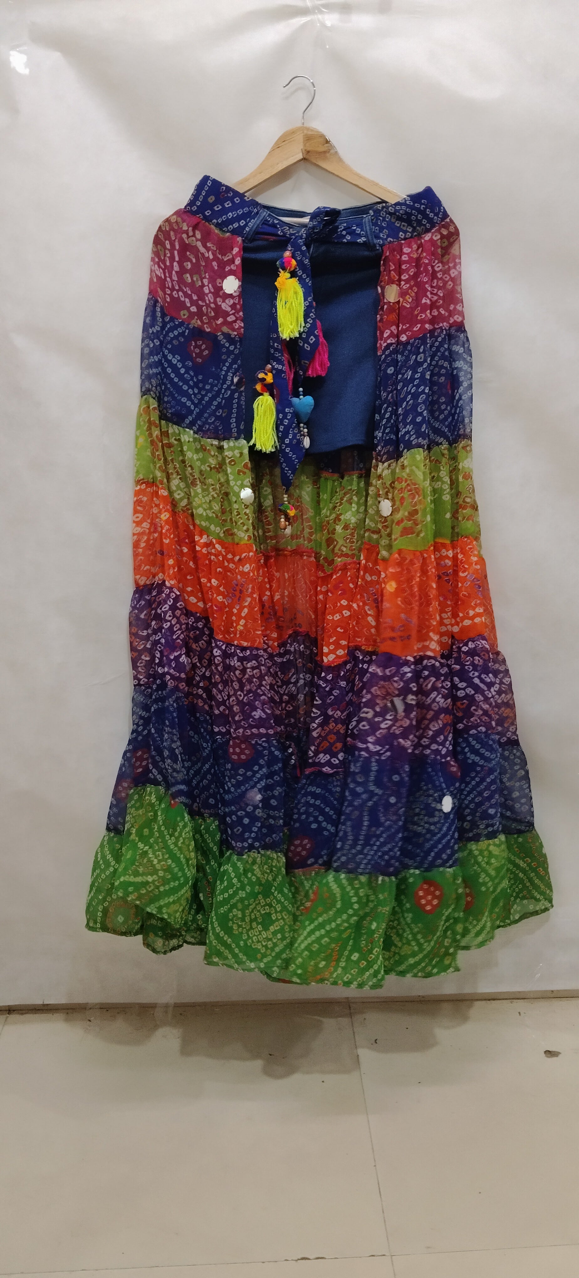 Multi-Color Bandhini Layered Skirt with Tassel
