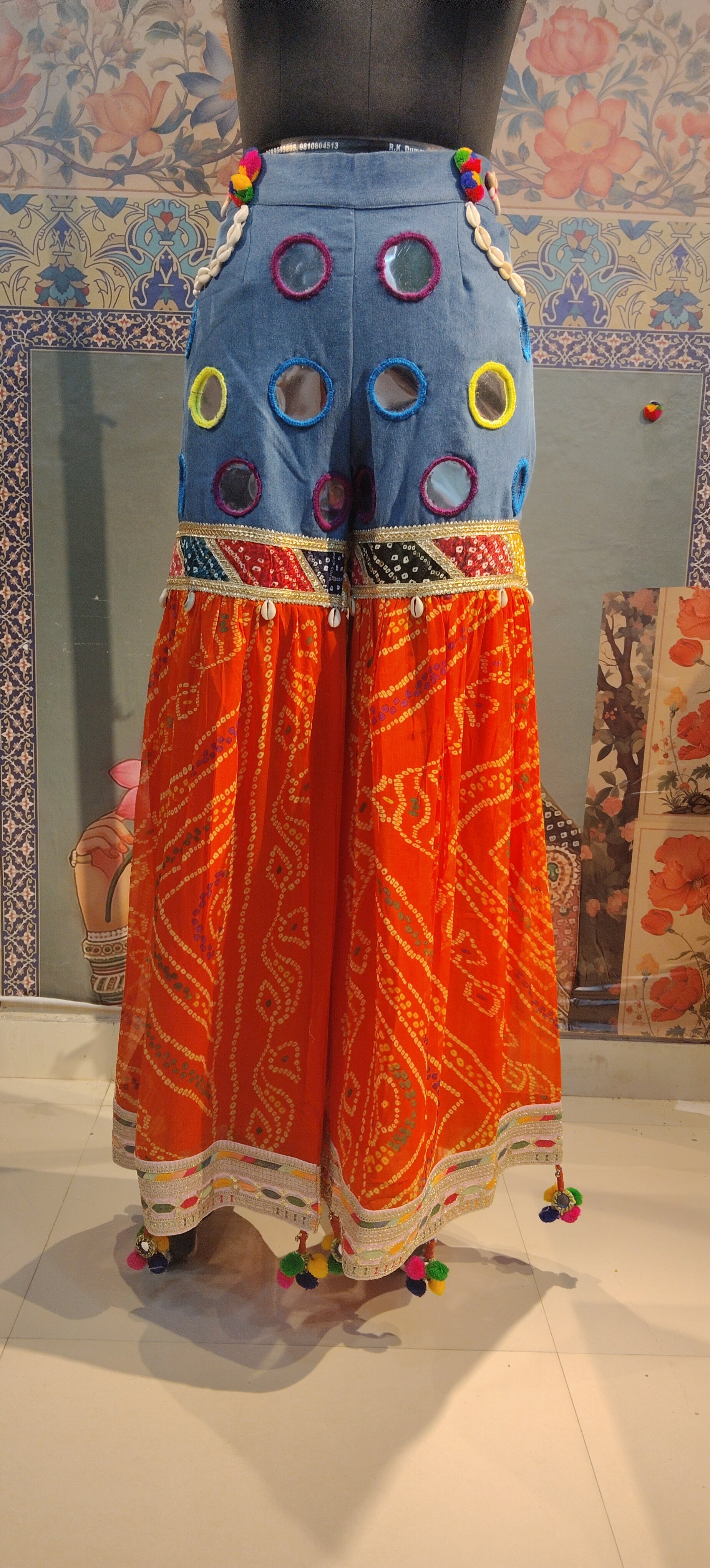 Bandhani Fusion Palazzo Pants with Mirror Work & Pompom Hand Embroidery