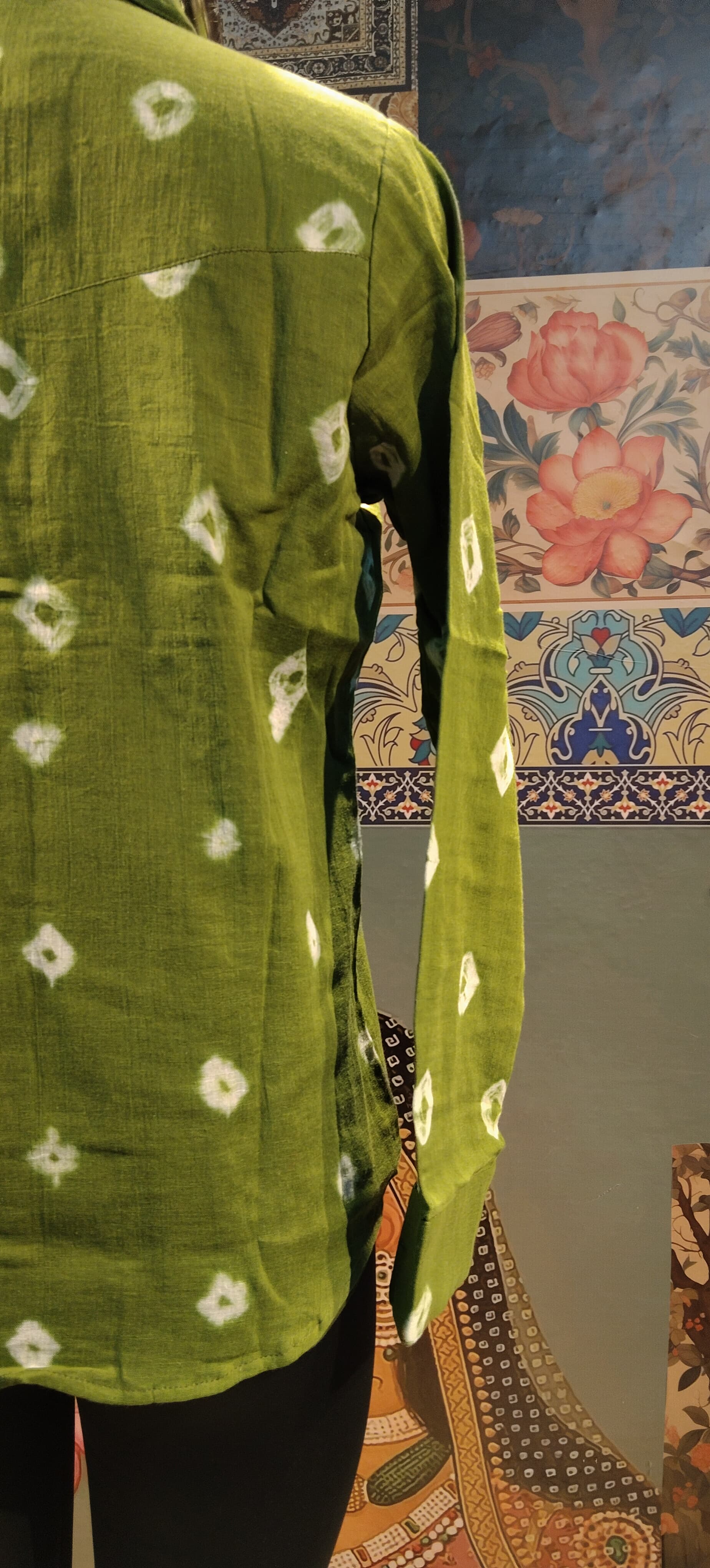 Green Bandhani Shirt with Embellished Boho Pocket