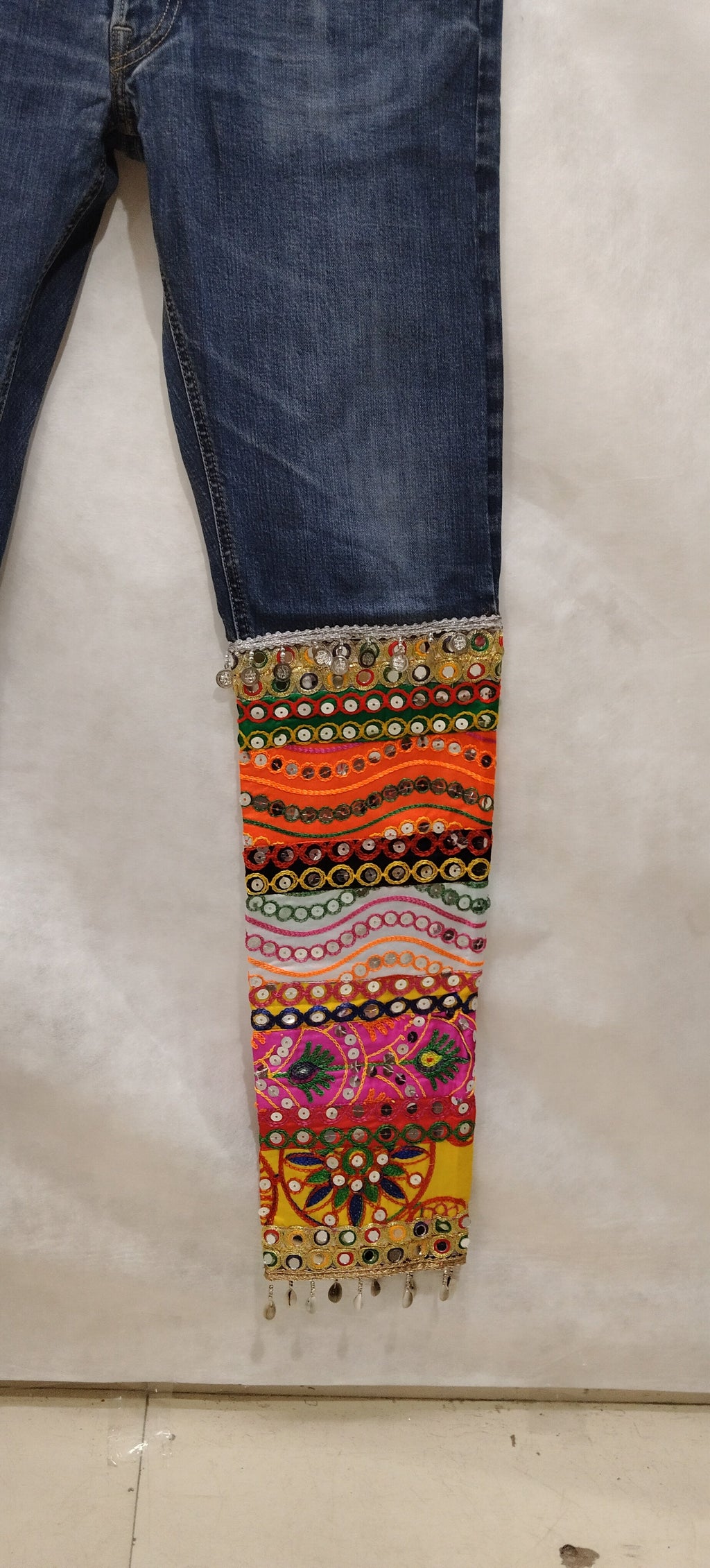 Bohemian Denim Pants with Handmade Embroidery & Patchwork – Unique Artisan Wear