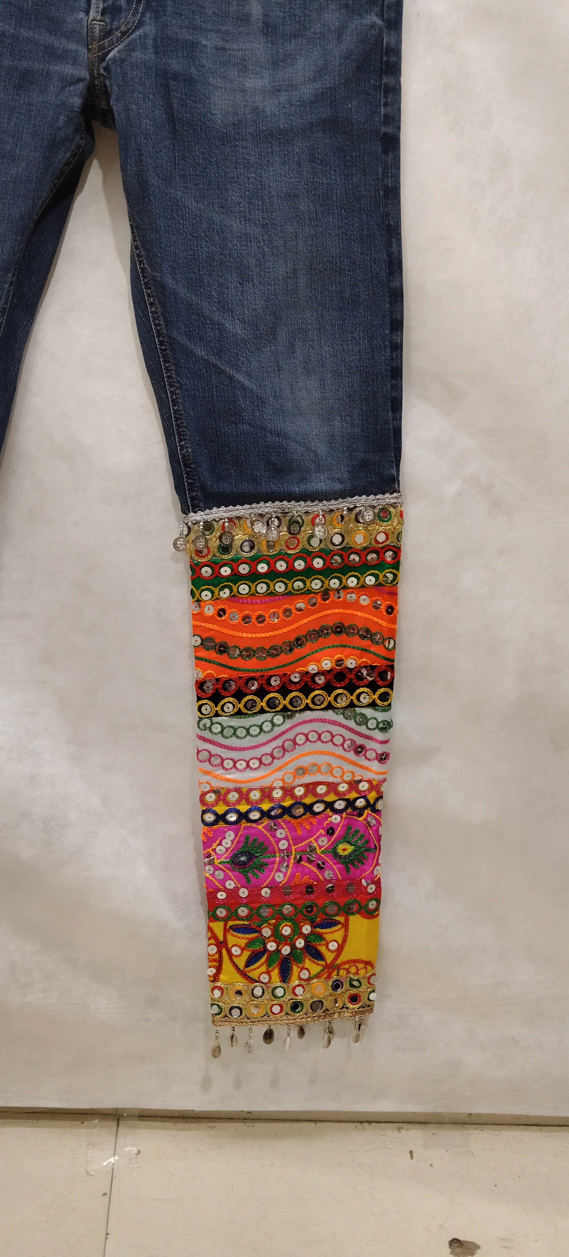 Bohemian Denim Pants with Handmade Embroidery & Patchwork – Unique Artisan Wear