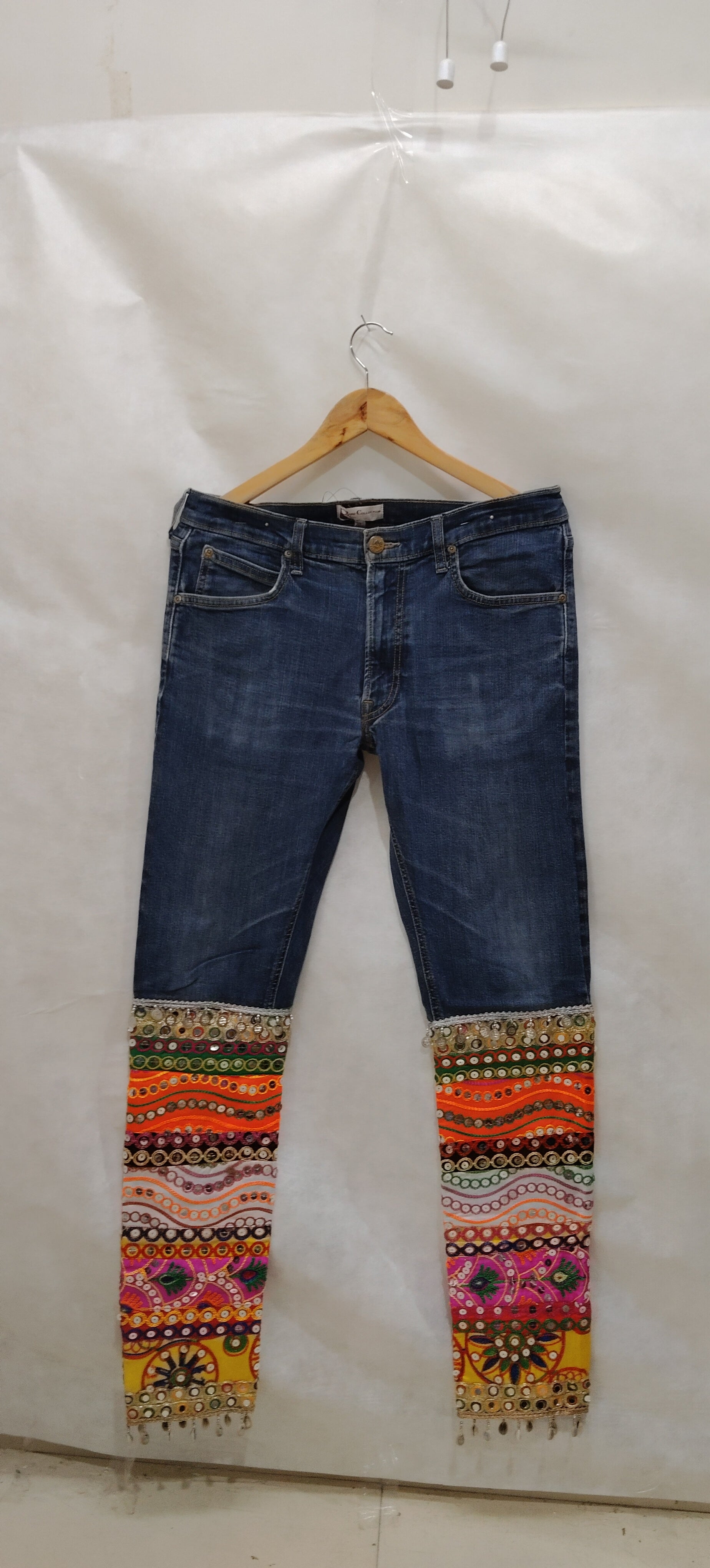 Bohemian Denim Pants with Handmade Embroidery & Patchwork – Unique Artisan Wear