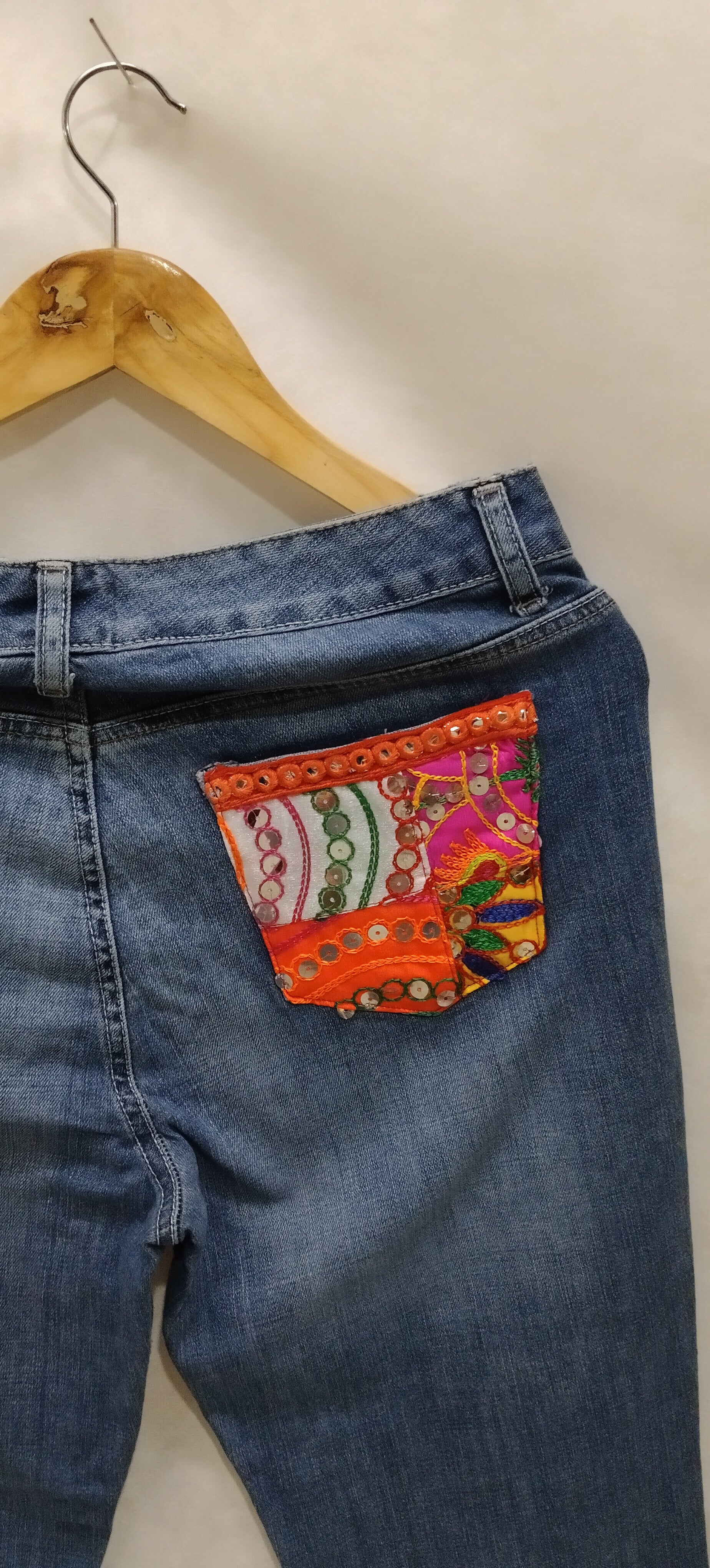 Bohemian Denim Pants with Handmade Embroidery & Patchwork – Unique Artisan Wear