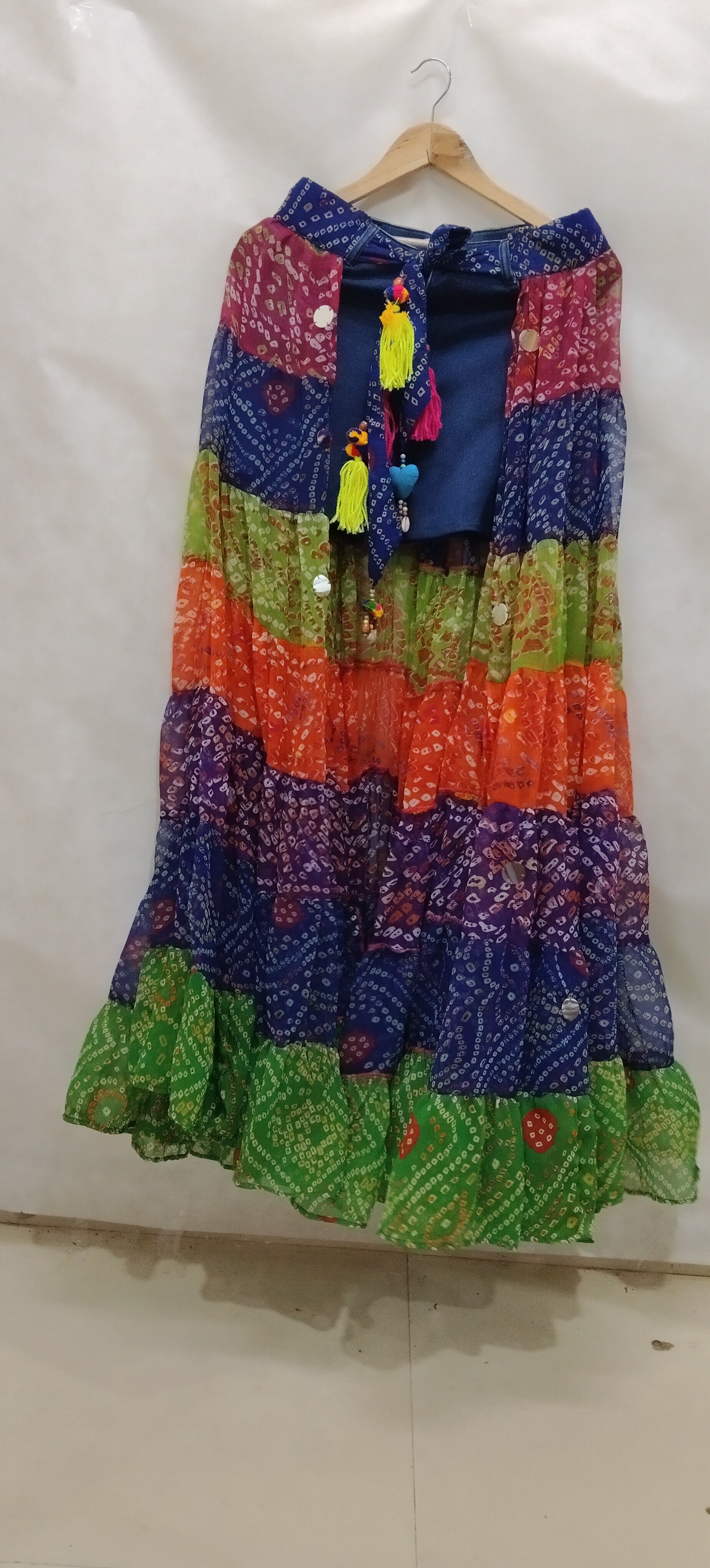 Multi-Color Bandhini Layered Skirt with Tassel