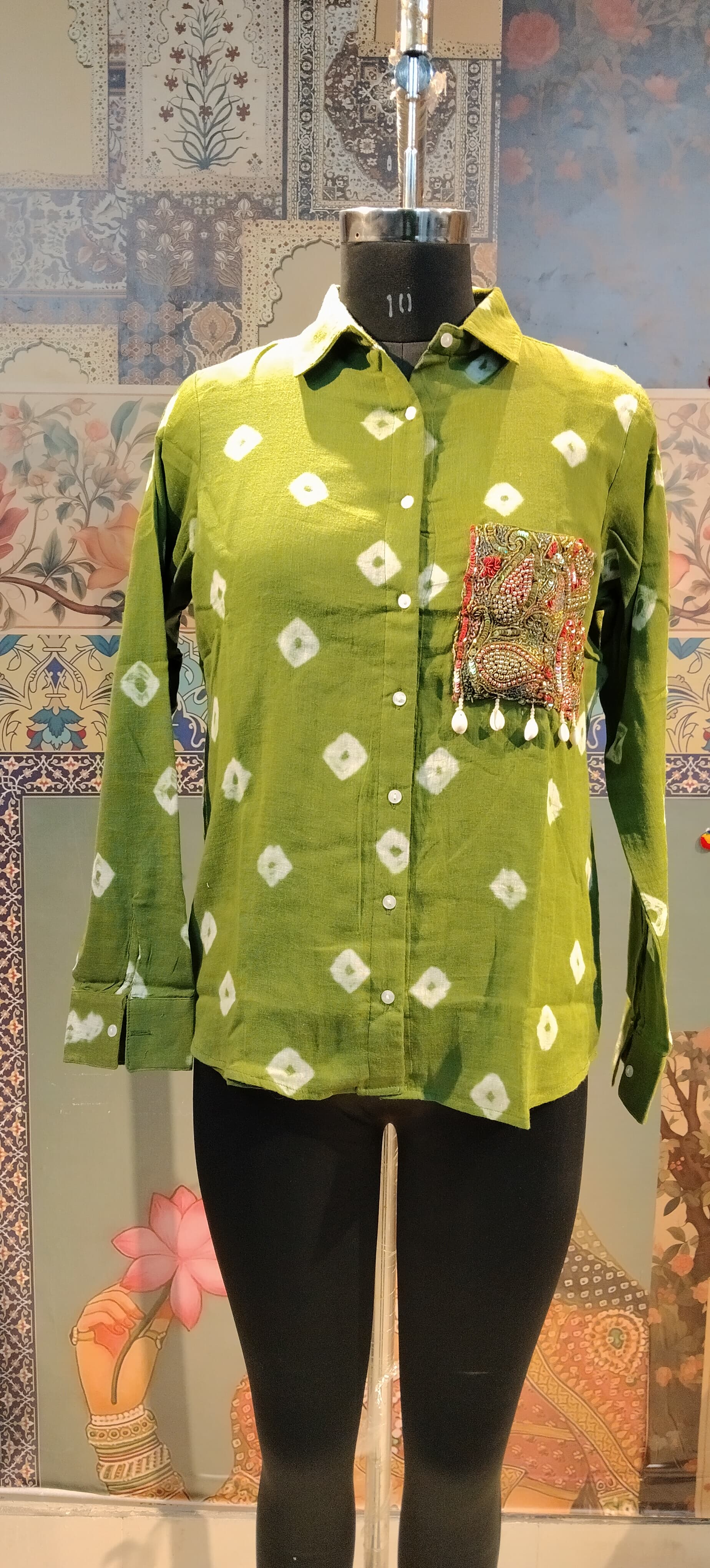 Green Bandhani Shirt with Embellished Boho Pocket
