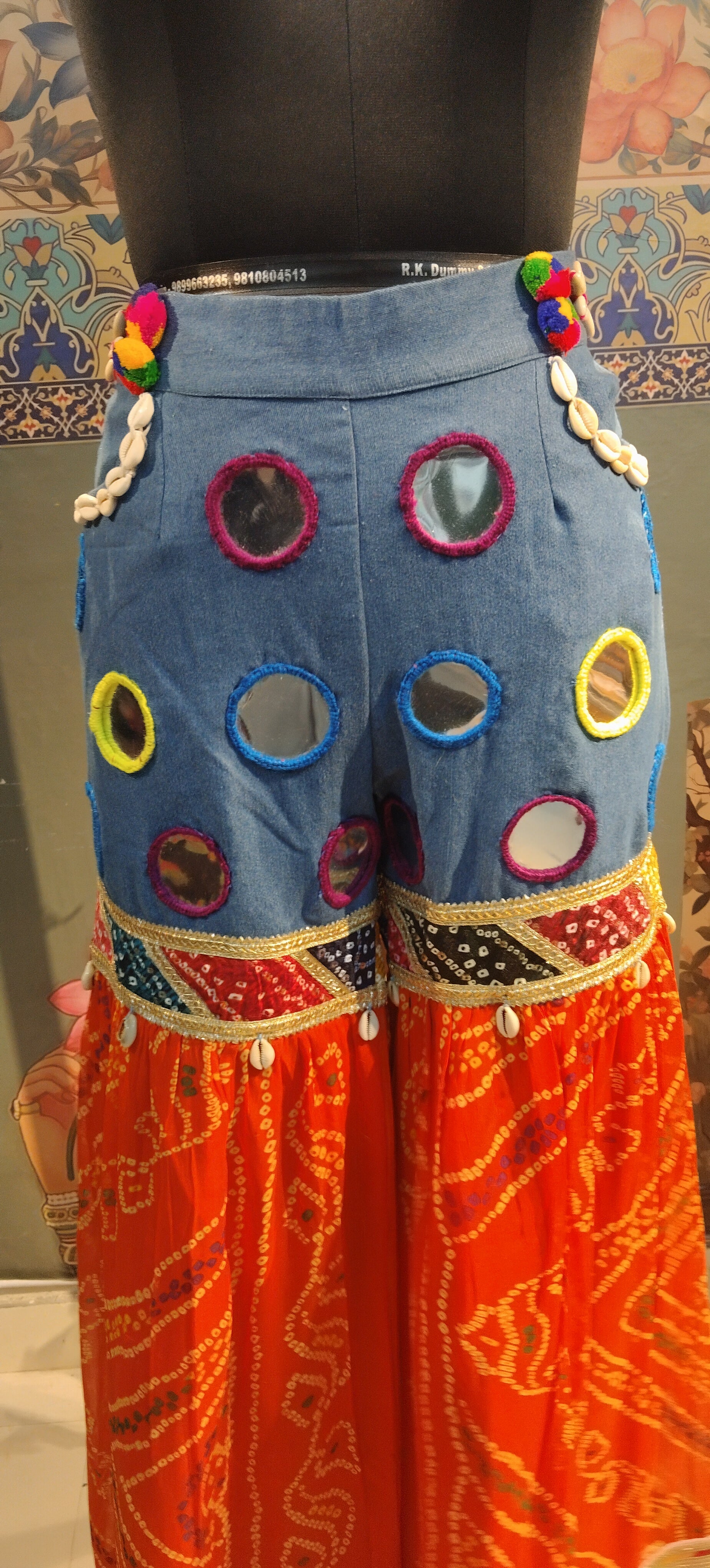 Bandhani Fusion Palazzo Pants with Mirror Work & Pompom Hand Embroidery