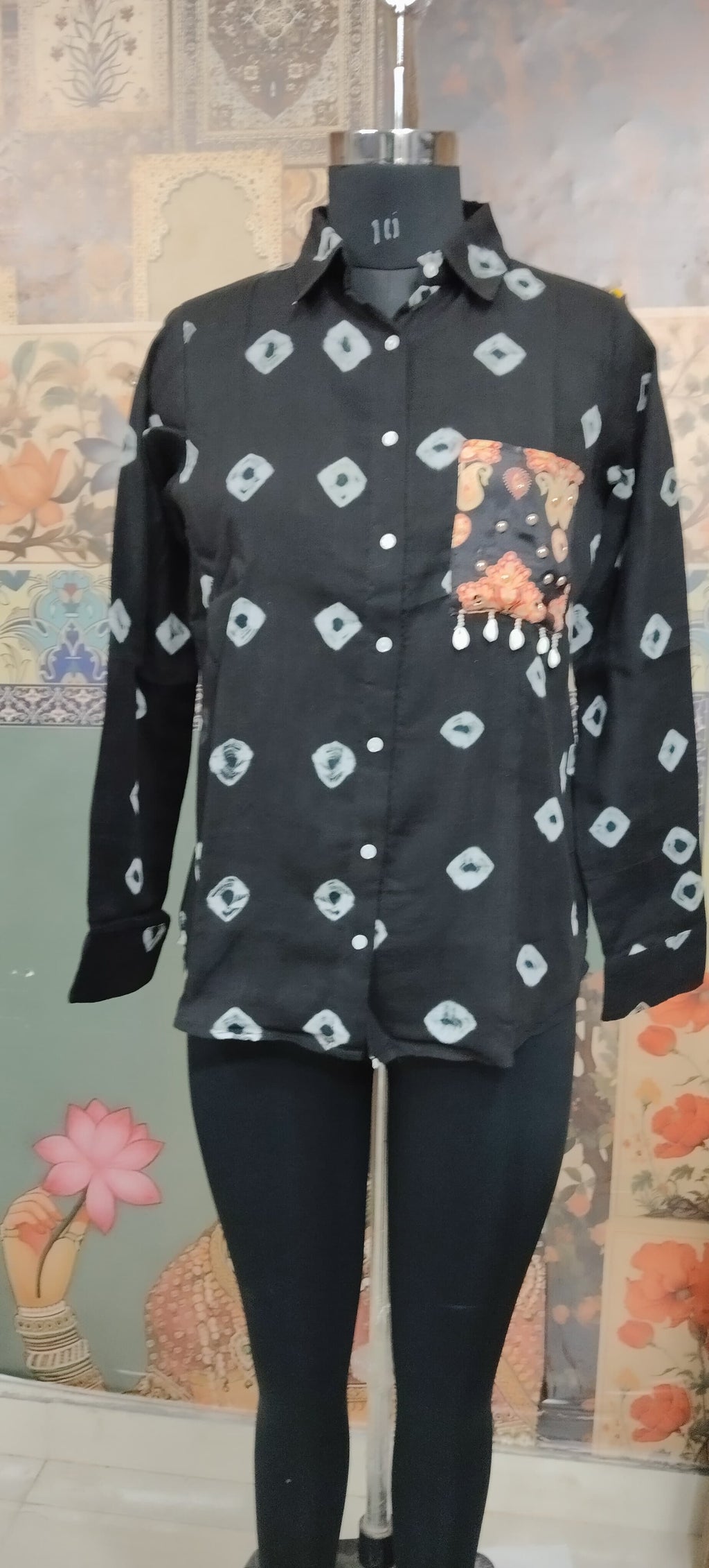 Black Women Bandhani Fusion Shirt with Boho Patchwork Pocket