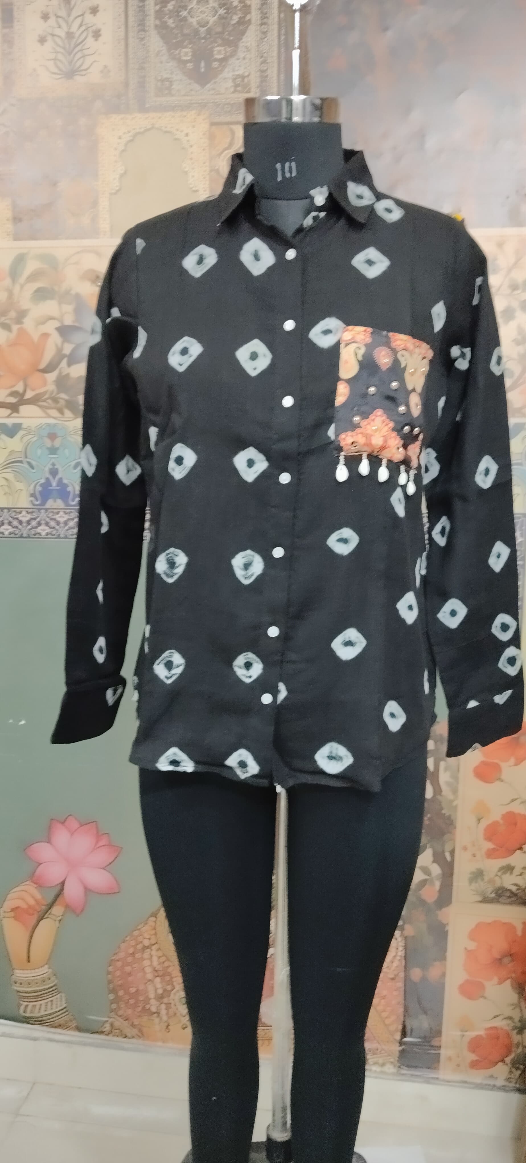 Black Women Bandhani Fusion Shirt with Boho Patchwork Pocket