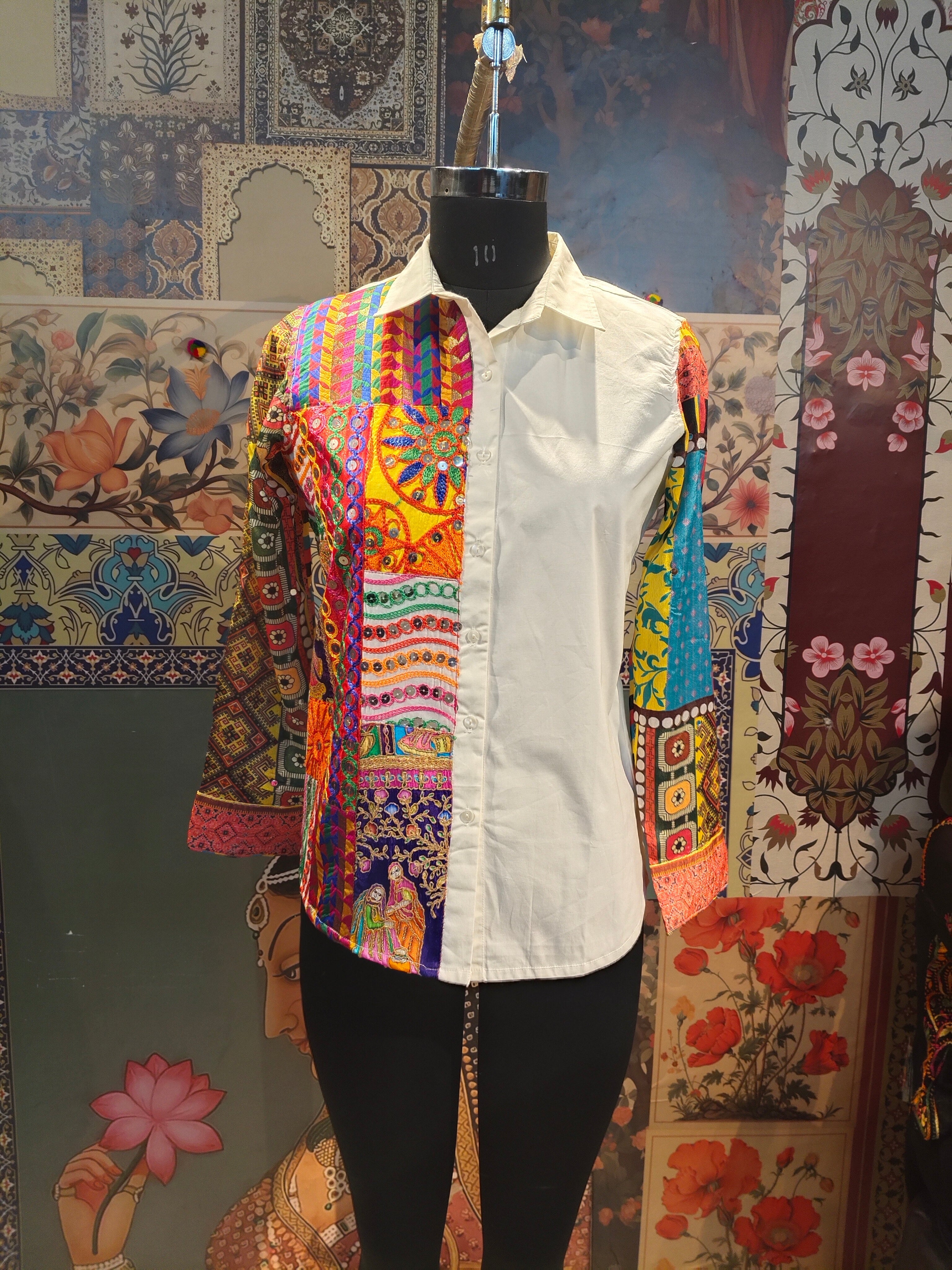 White Handcrafted Patchwork Shirt with Artistic Hand Embroidery – Boho Fusion Wear