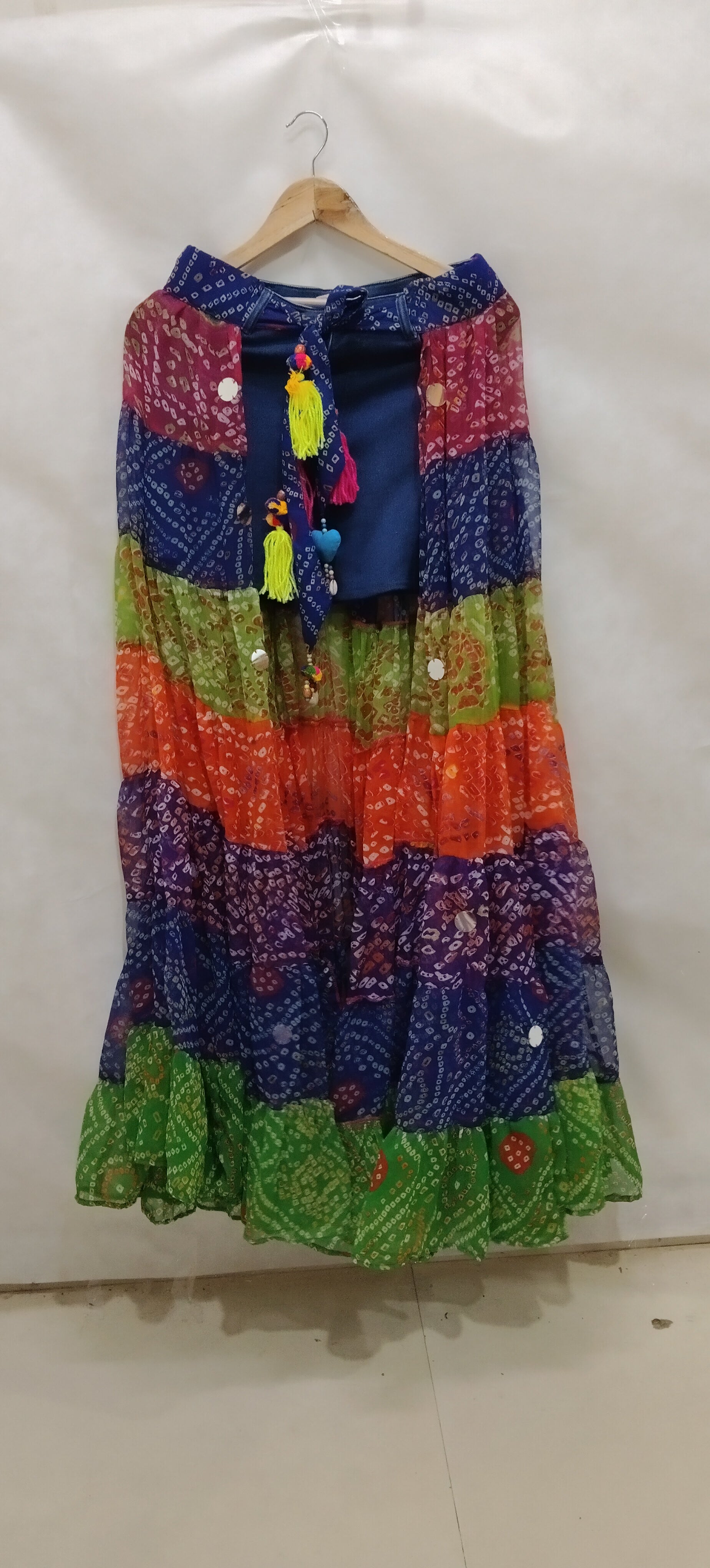 Multi-Color Bandhini Layered Skirt with Tassel