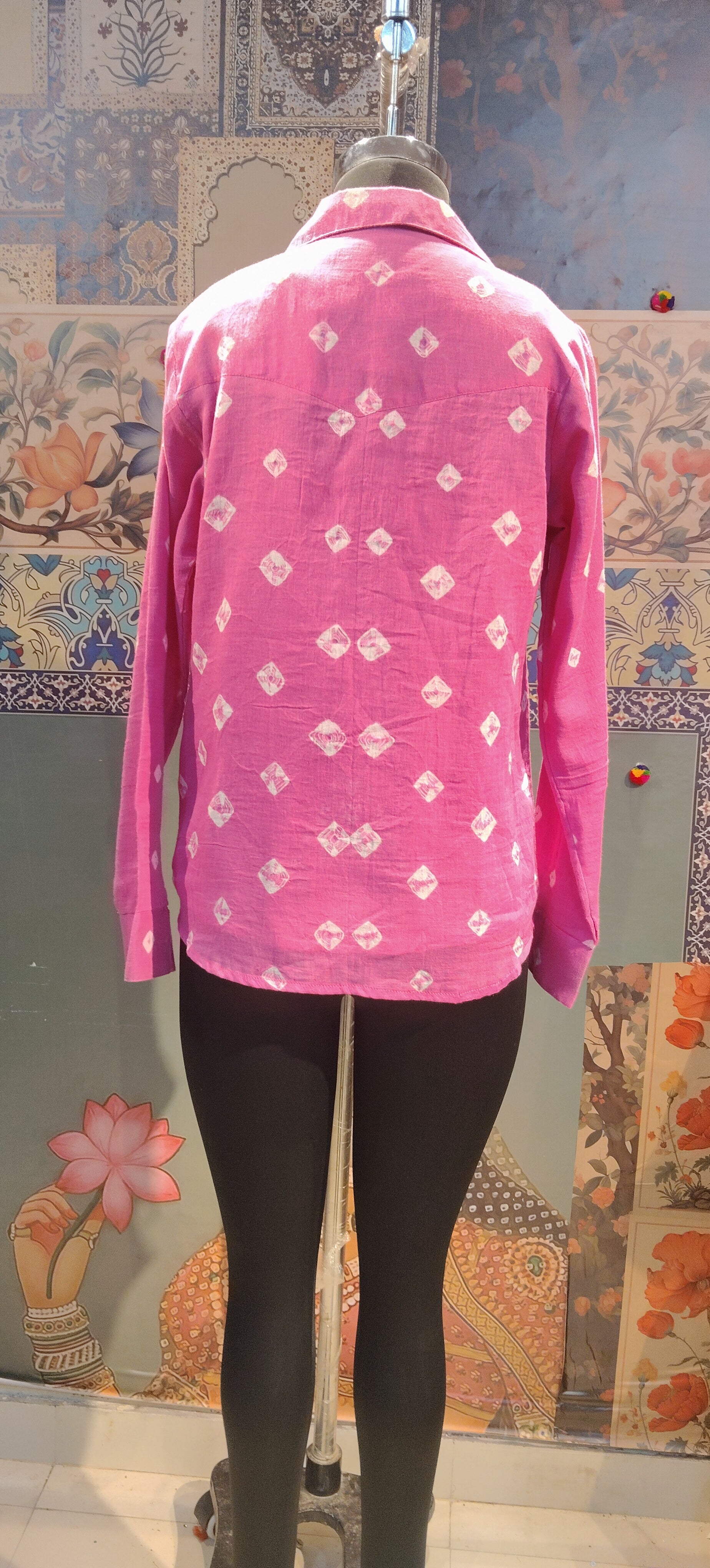 Pink Bandhani Patchwork Pocket Shirt – Handmade Boho Chic