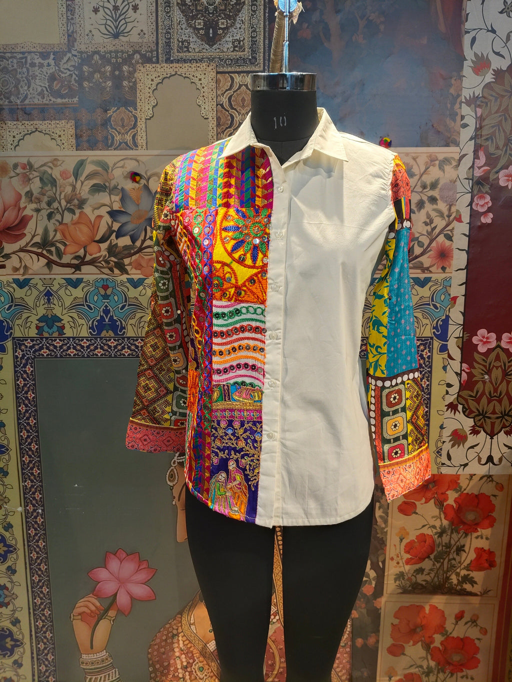 White Handcrafted Patchwork Shirt with Artistic Hand Embroidery – Boho Fusion Wear